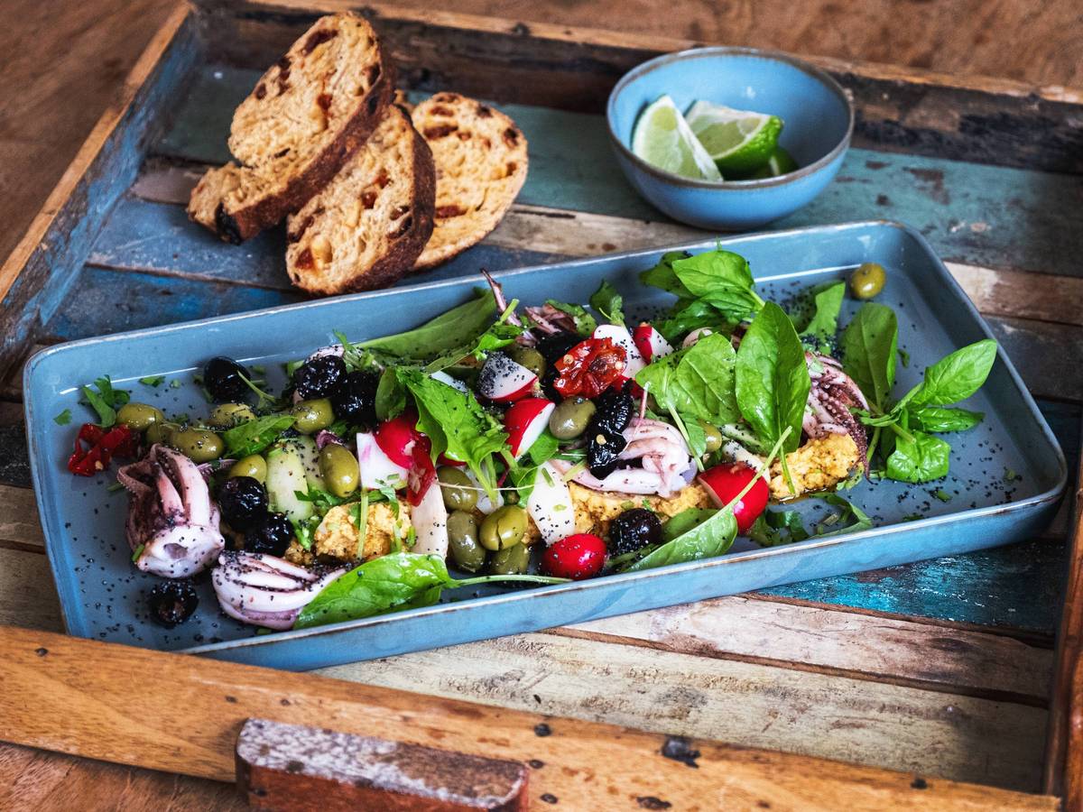 Calamaretti auf Hummusbett | Feinkost & Spezialitäten Calamaretti auf Hummusbett | Feinkost & Spezialitäten